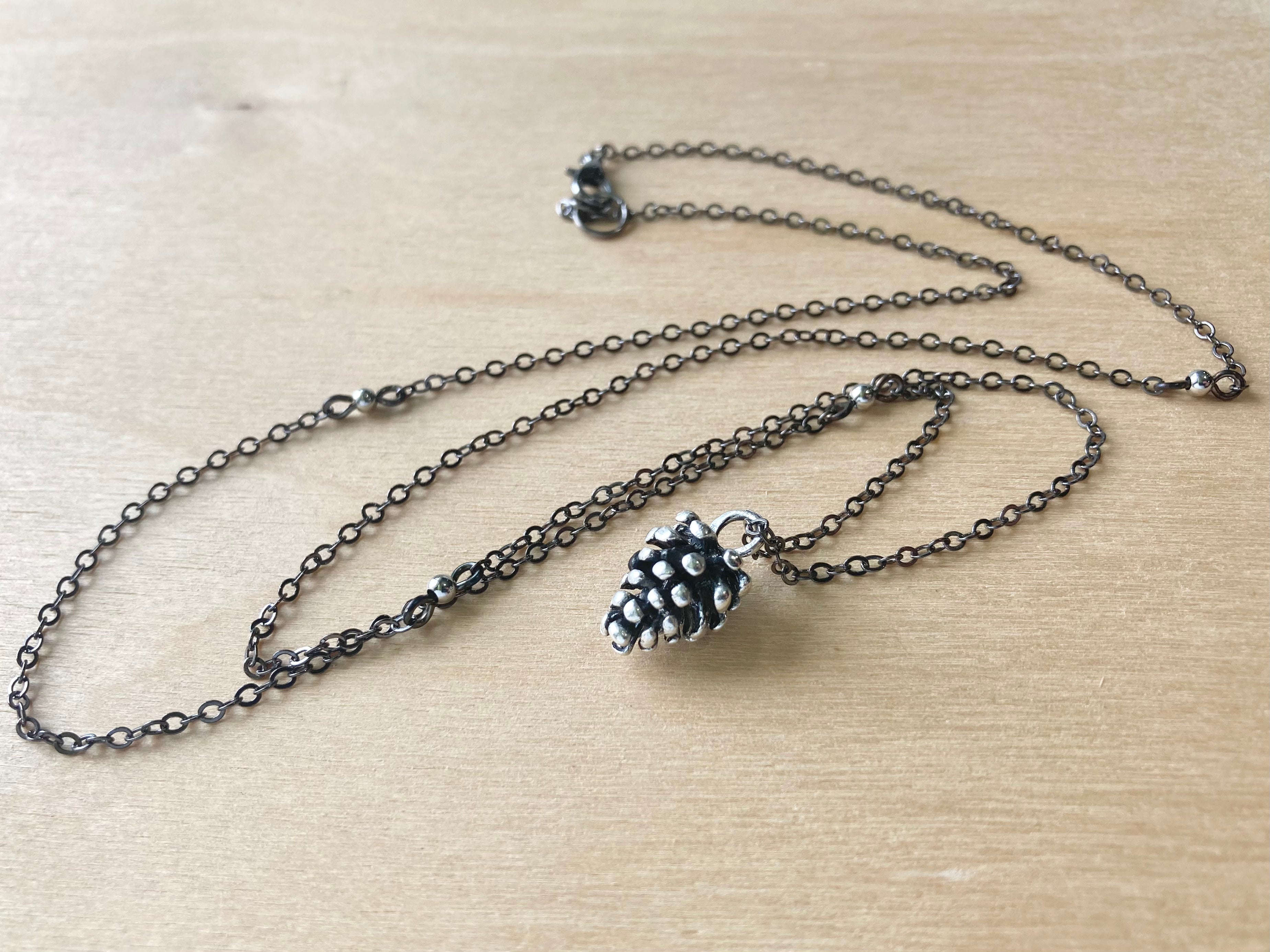 Wild Forest Pinecone Necklace with Long Beaded Chain | Silver Fall Pine Cone Charm Jewelry | Winter Holiday Pendant Gift
