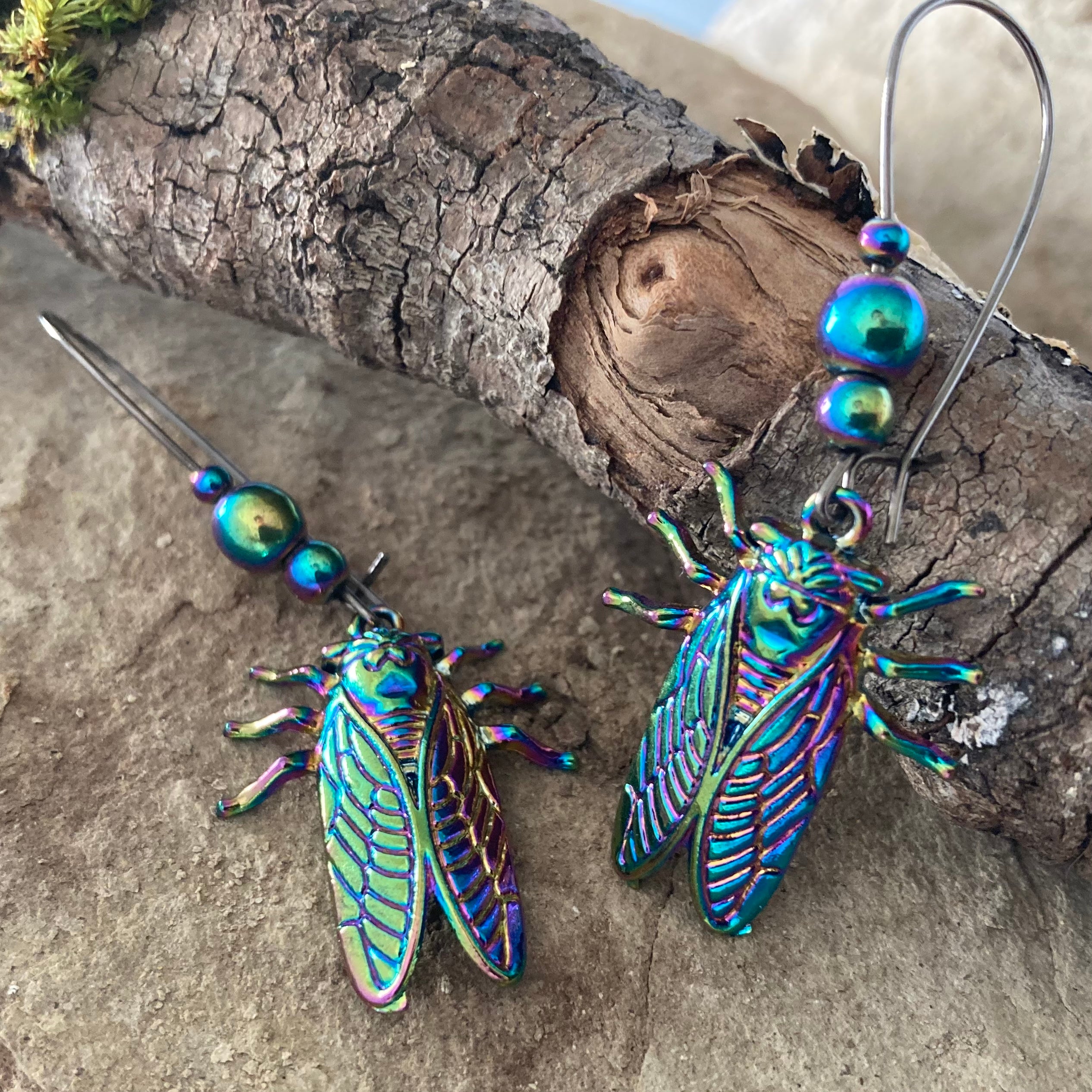 Cicada Earrings | Iridescent Rainbow Cicada Insect Charm Earrings | Forest Jewelry