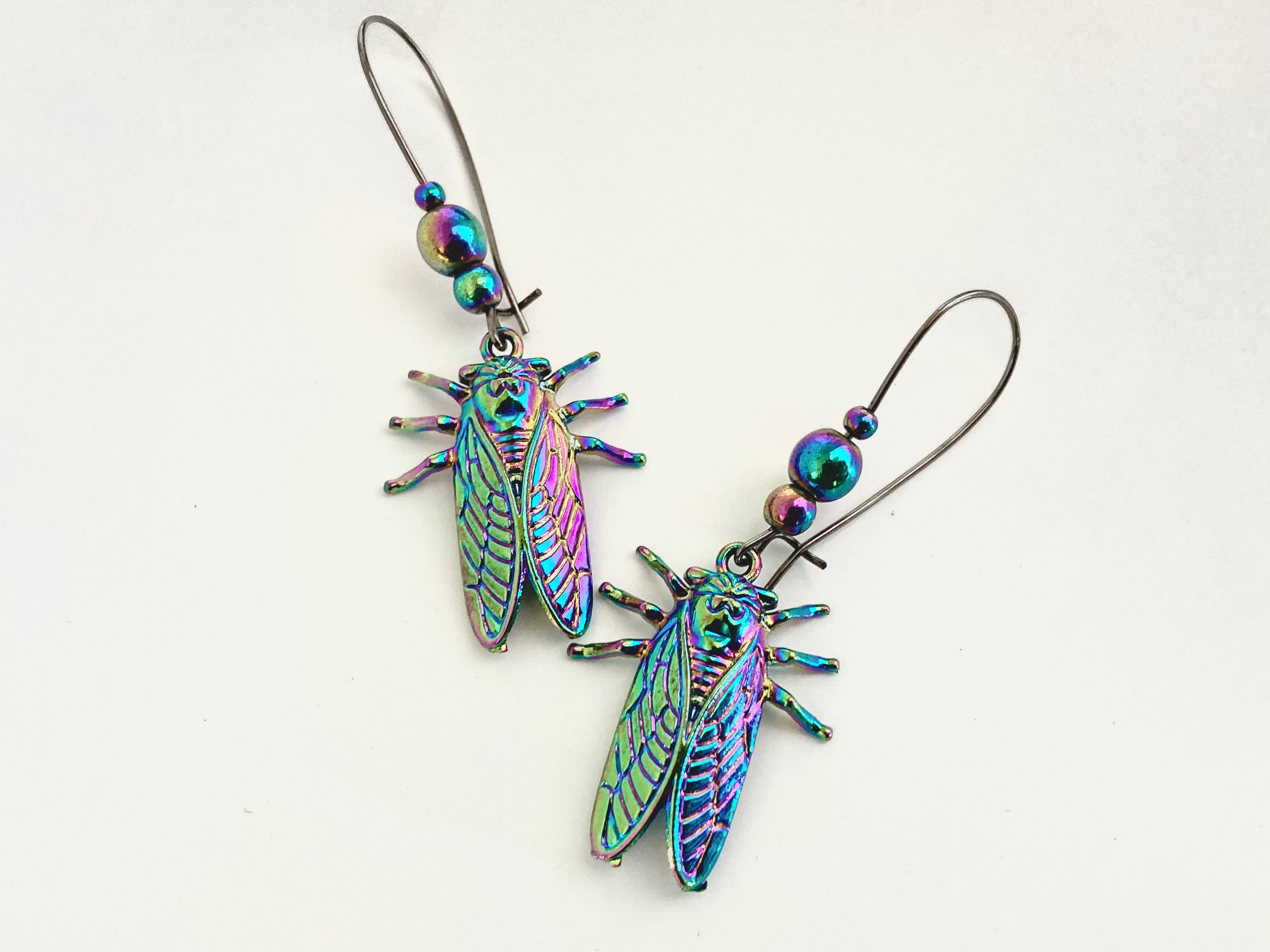 Cicada Earrings | Iridescent Rainbow Cicada Insect Charm Earrings | Forest Jewelry