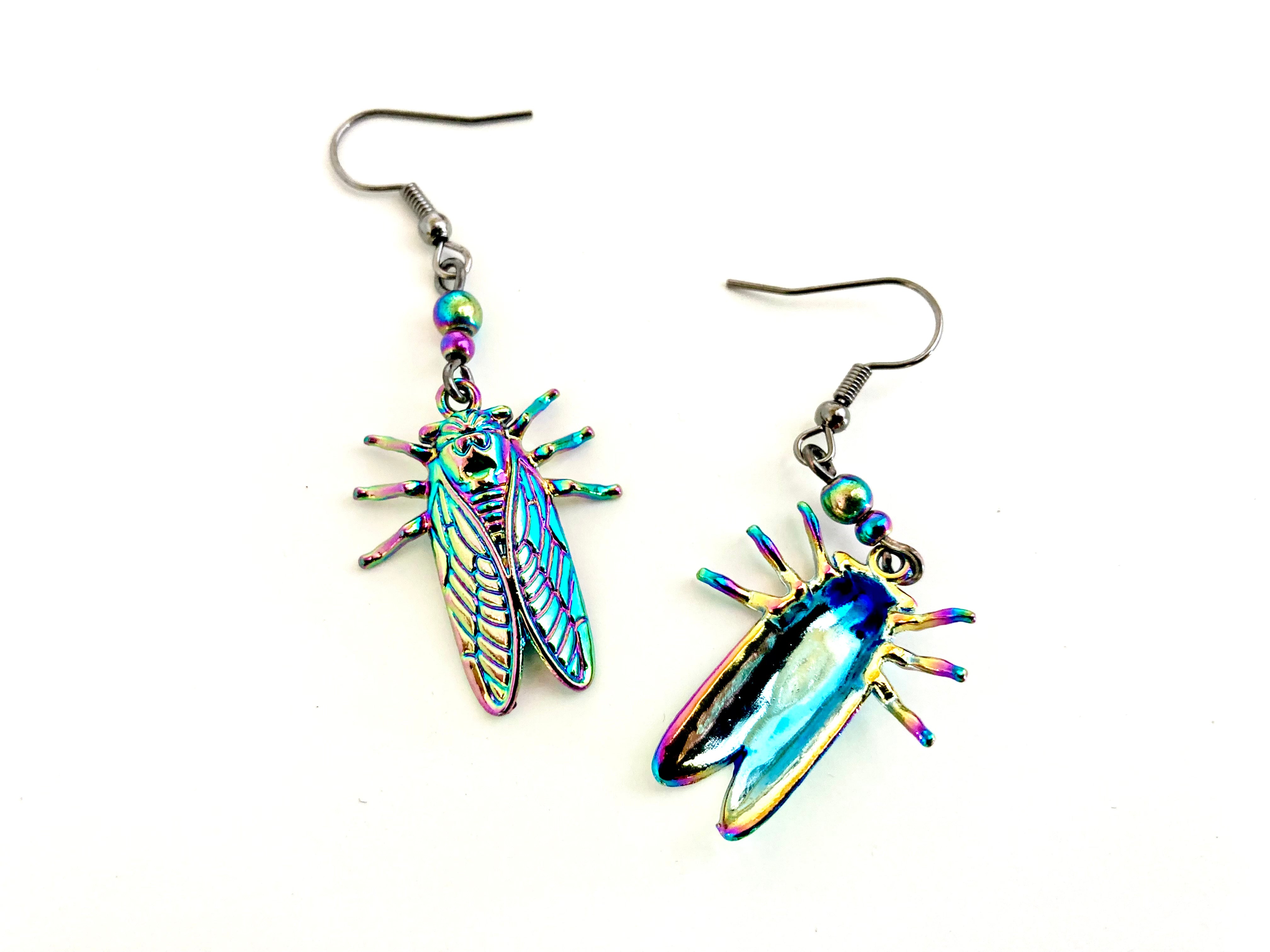 Cicada Earrings | Iridescent Rainbow Cicada Insect Charm Earrings | Forest Jewelry