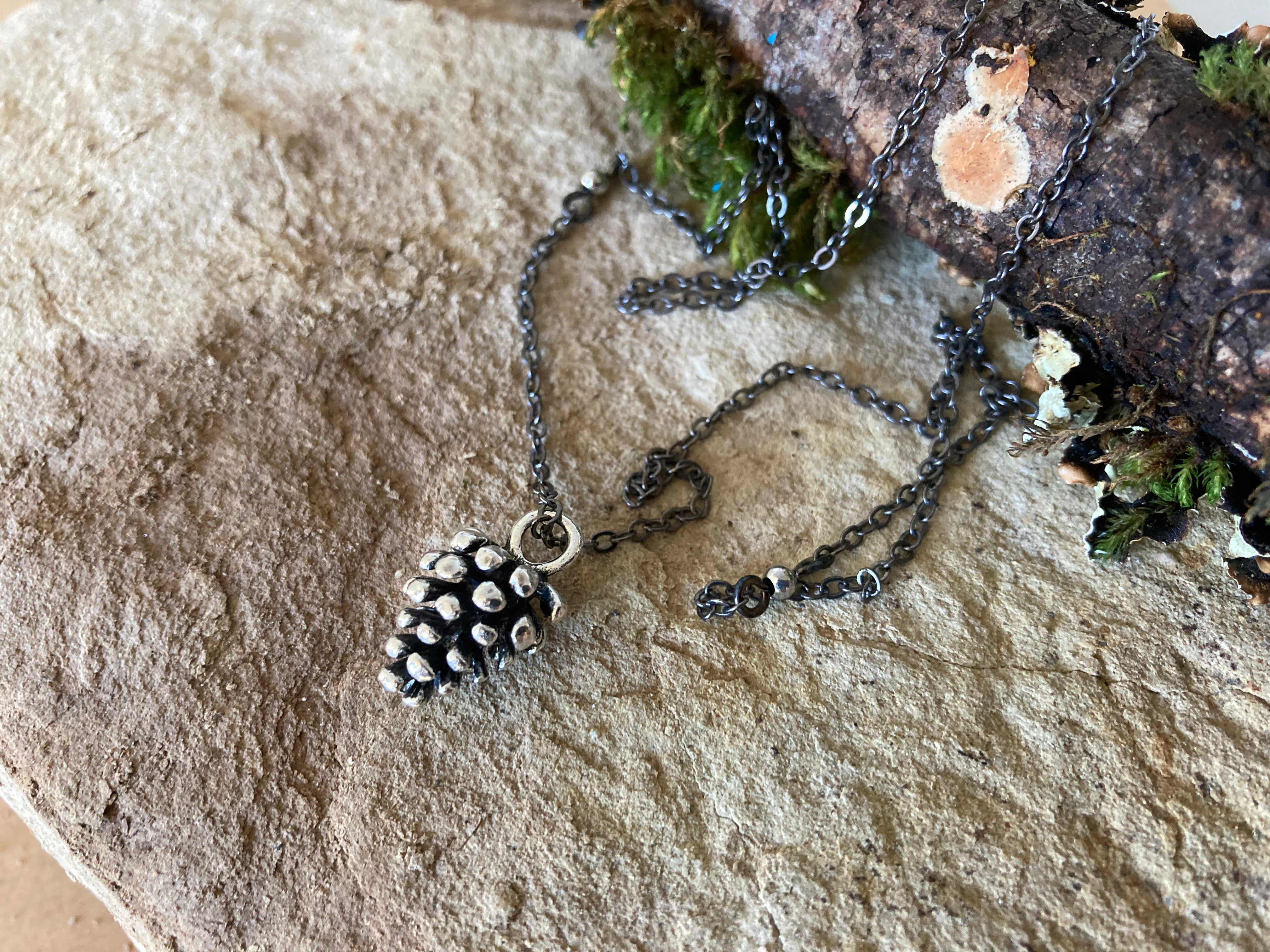 Wild Forest Pinecone Necklace with Long Beaded Chain | Silver Fall Pine Cone Charm Jewelry | Winter Holiday Pendant Gift