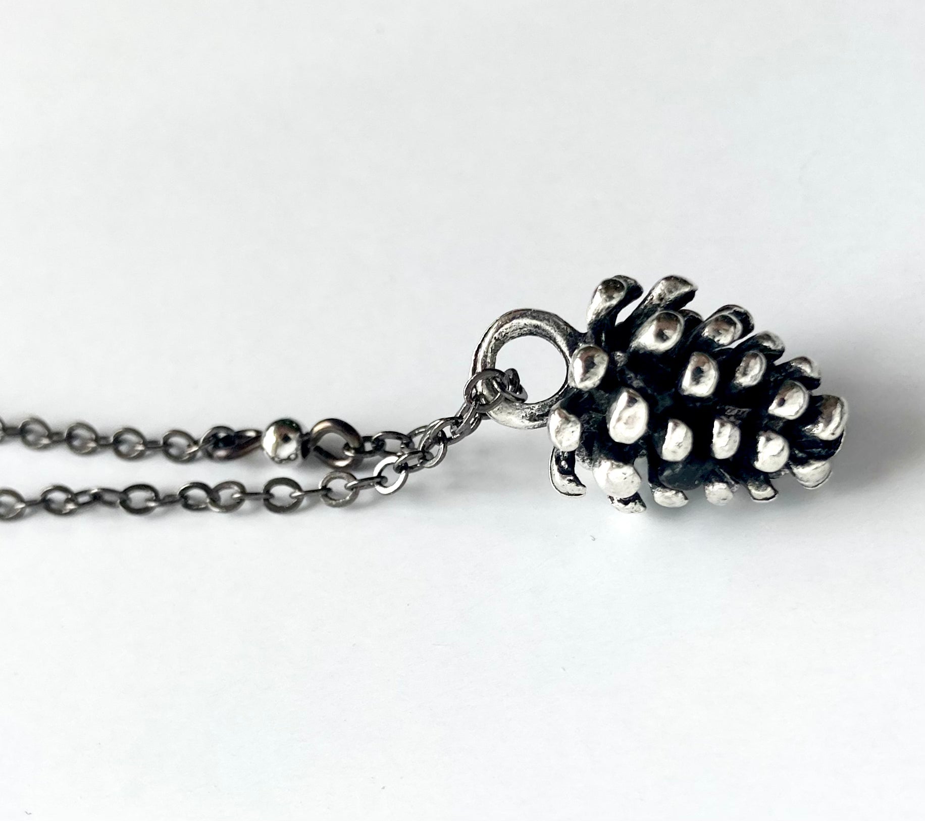 Wild Forest Pinecone Necklace with Long Beaded Chain | Silver Fall Pine Cone Charm Jewelry | Winter Holiday Pendant Gift