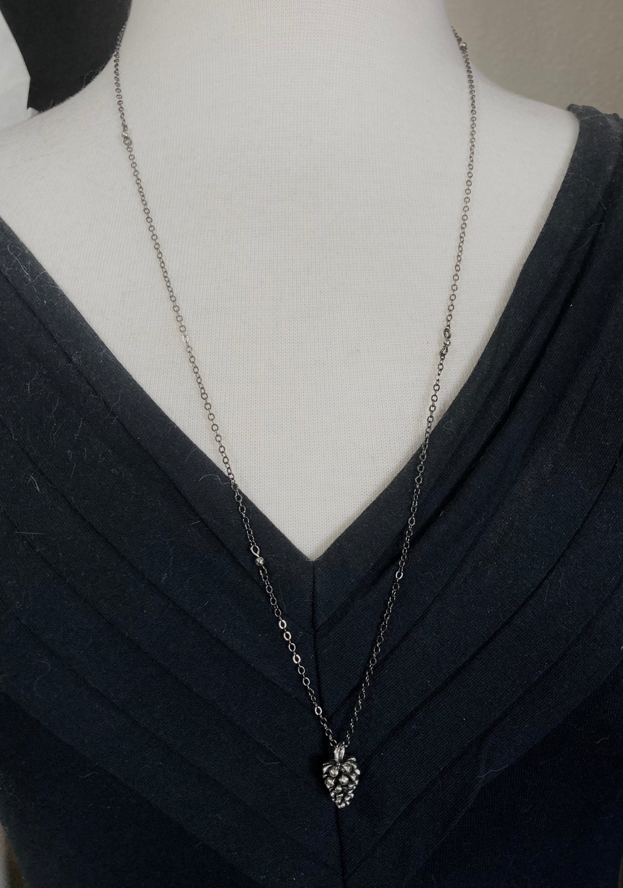 Wild Forest Pinecone Necklace with Long Beaded Chain | Silver Fall Pine Cone Charm Jewelry | Winter Holiday Pendant Gift