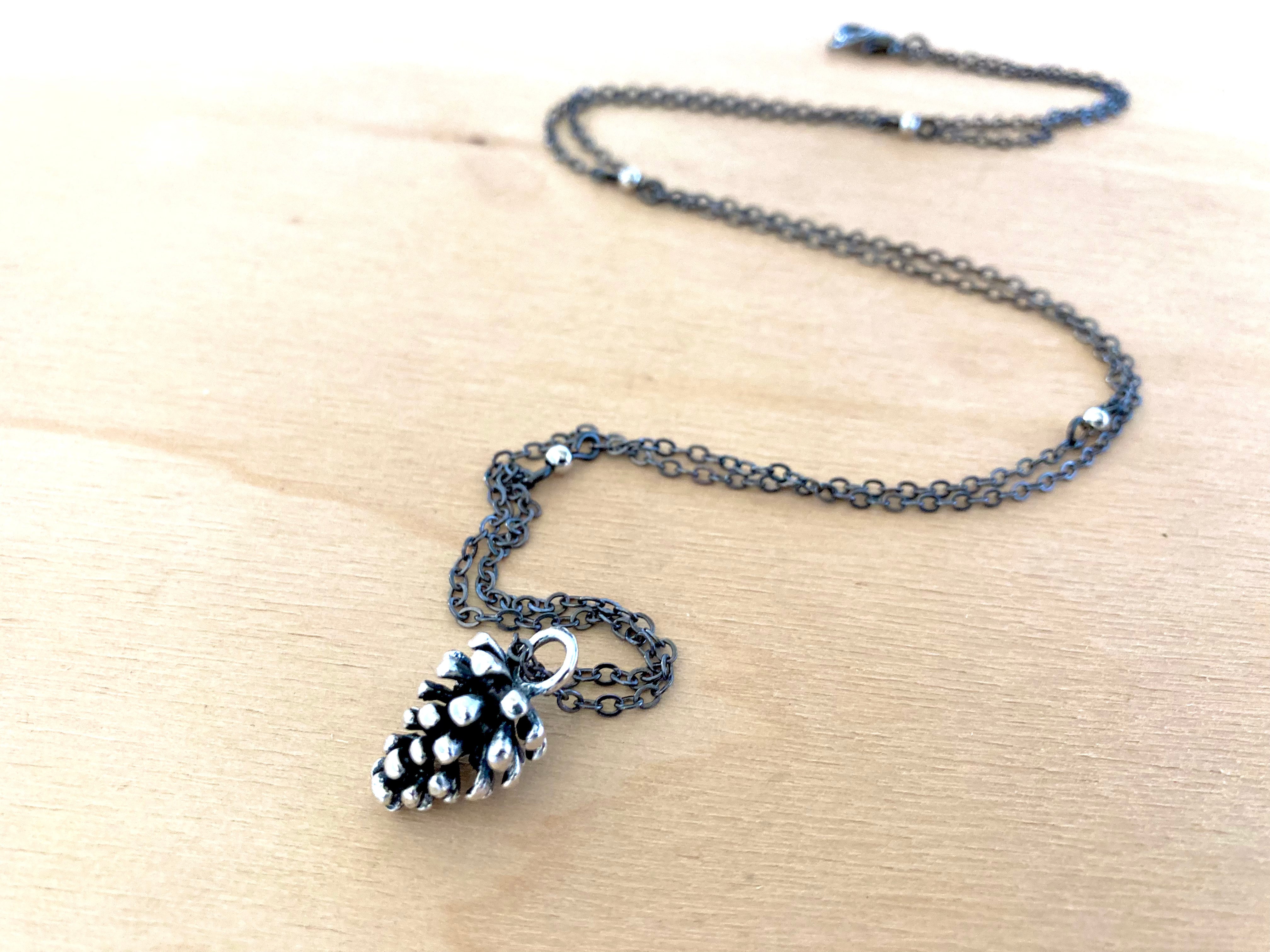 Wild Forest Pinecone Necklace with Long Beaded Chain | Silver Fall Pine Cone Charm Jewelry | Winter Holiday Pendant Gift
