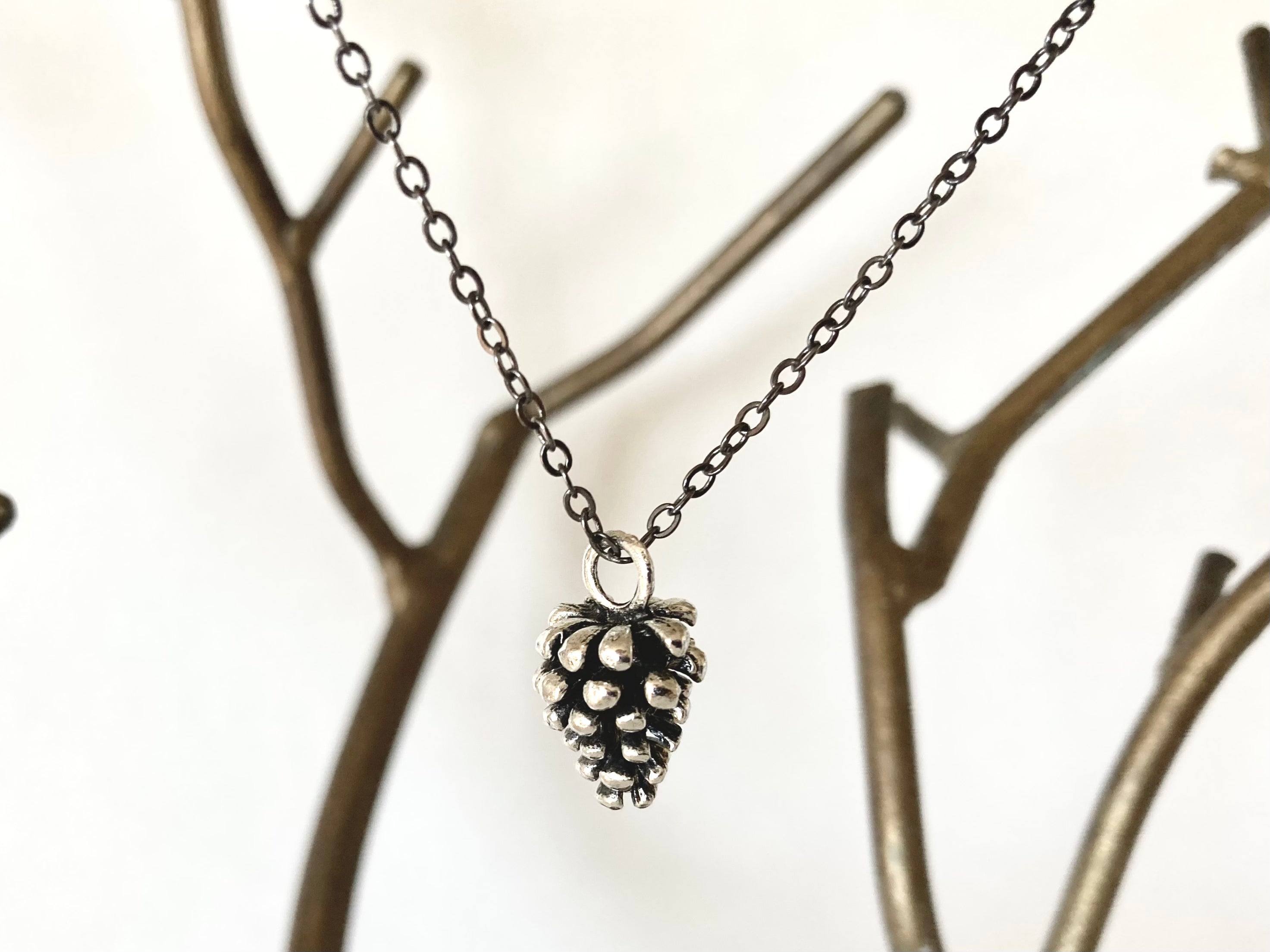 Wild Forest Pinecone Necklace with Long Beaded Chain | Silver Fall Pine Cone Charm Jewelry | Winter Holiday Pendant Gift