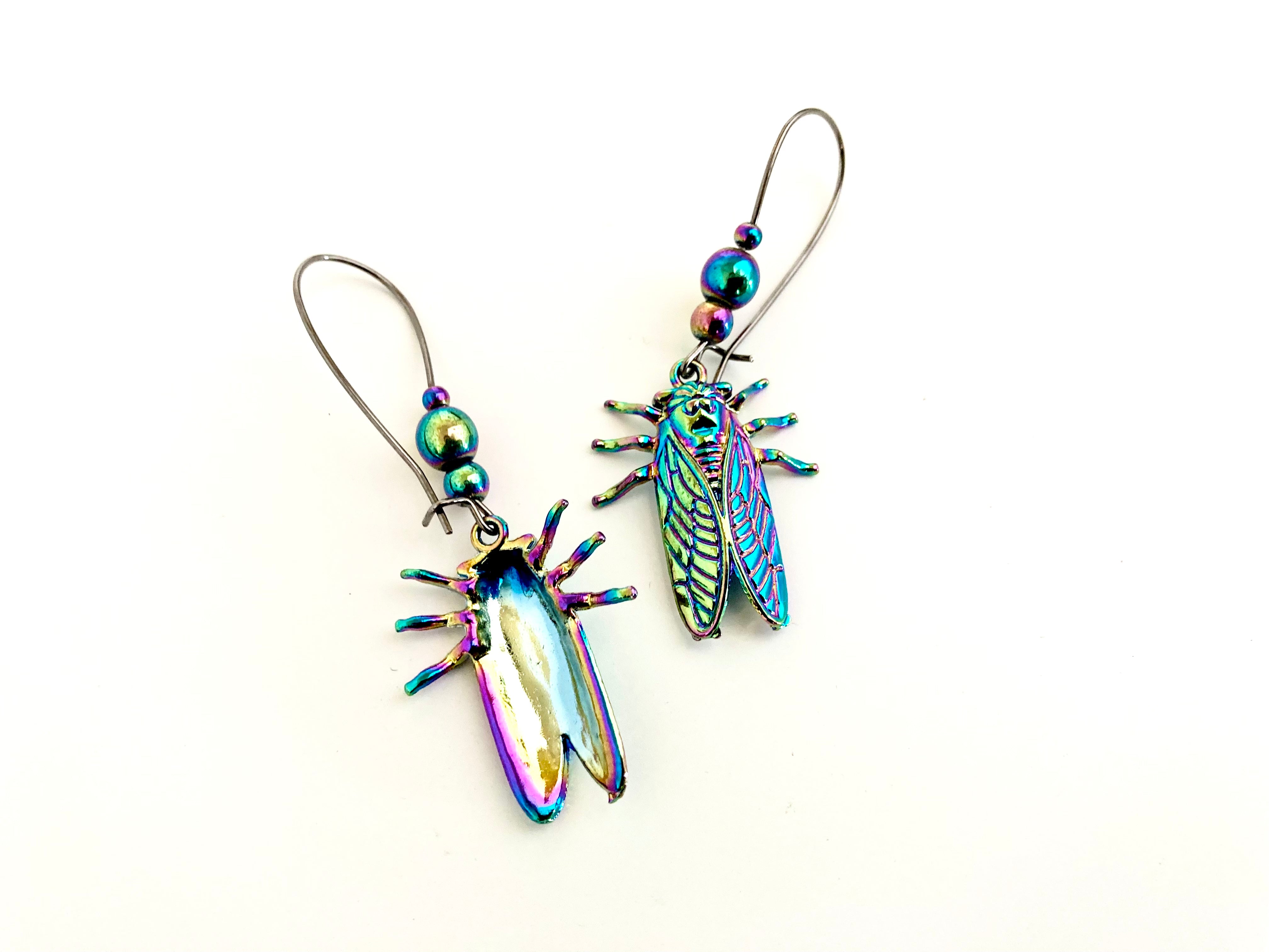 Cicada Earrings | Iridescent Rainbow Cicada Insect Charm Earrings | Forest Jewelry