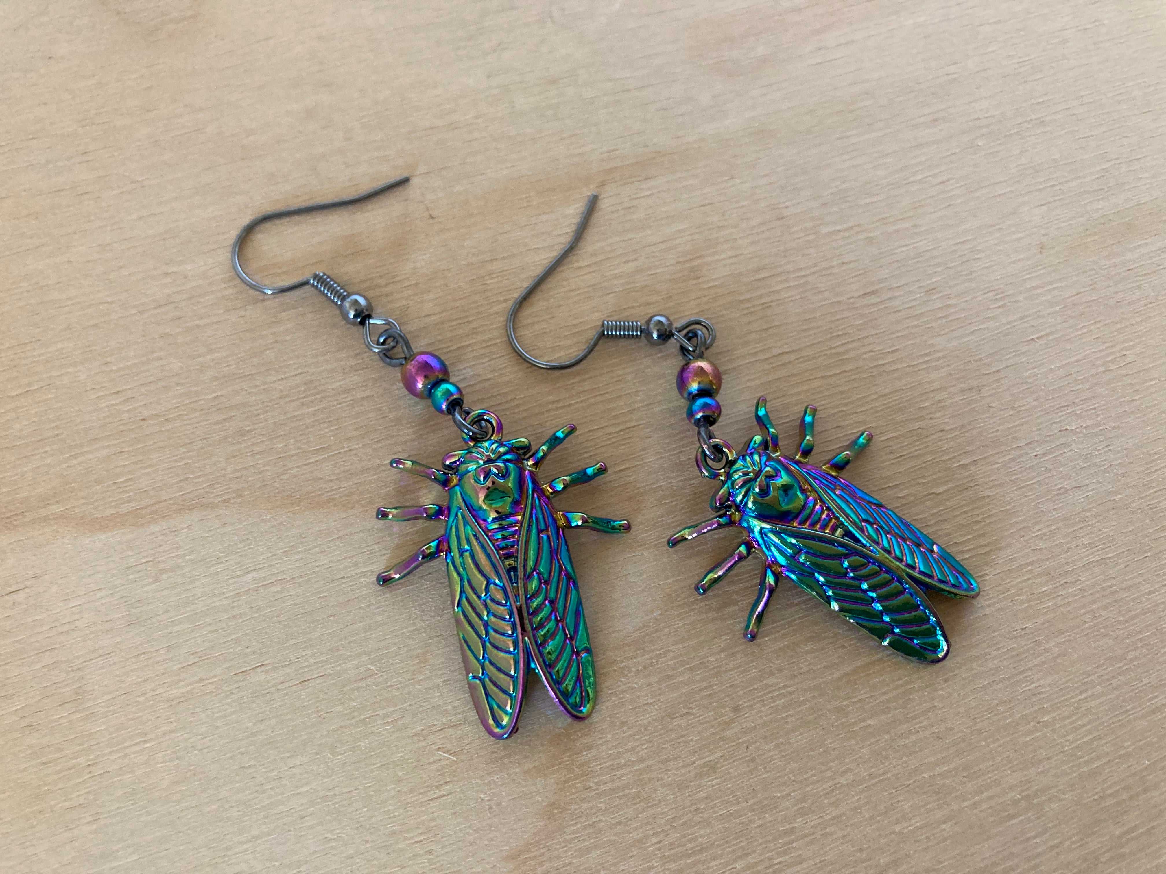 Cicada Earrings | Iridescent Rainbow Cicada Insect Charm Earrings | Forest Jewelry