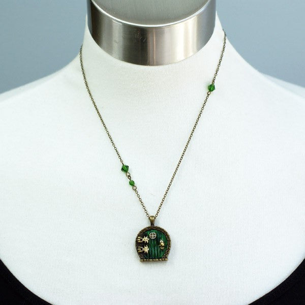 Brass Bag End Hobbit Door Locket | Lord of the Rings Jewelry | Green Hobbit Door Necklace - Enchanted Leaves - Nature Jewelry - Unique Handmade Gifts
