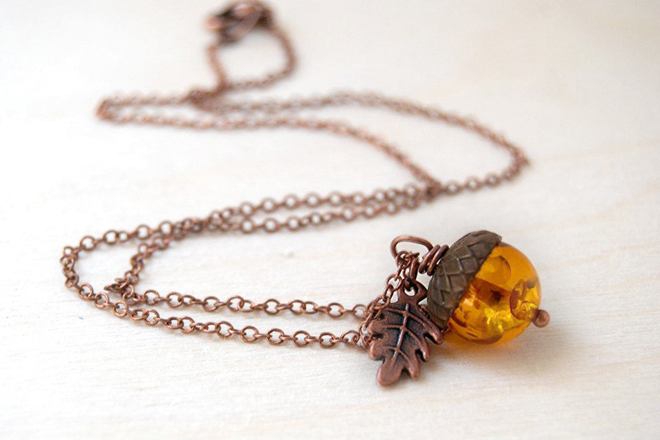 Amber and Copper Acorn Necklace | Nature Jewelry | Fall Acorn Charm Necklace - Enchanted Leaves - Nature Jewelry - Unique Handmade Gifts