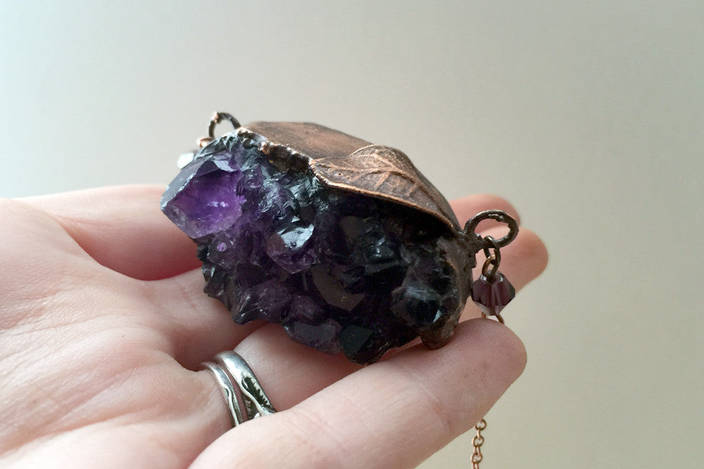 Large Amethyst Crystal and Guava Leaf Necklace | Electroformed Crystal Pendant | Amethyst Necklace - Enchanted Leaves - Nature Jewelry - Unique Handmade Gifts