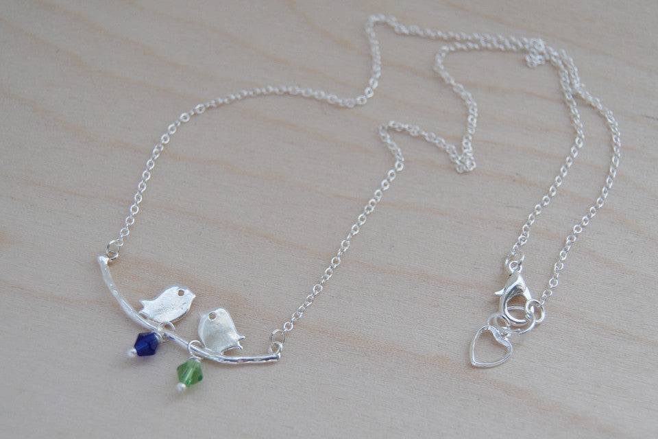 Bird Family Necklace | Silver Bird on Branch | Mother and Child Necklace | Cute Woodland Jewelry - Enchanted Leaves - Nature Jewelry - Unique Handmade Gifts
