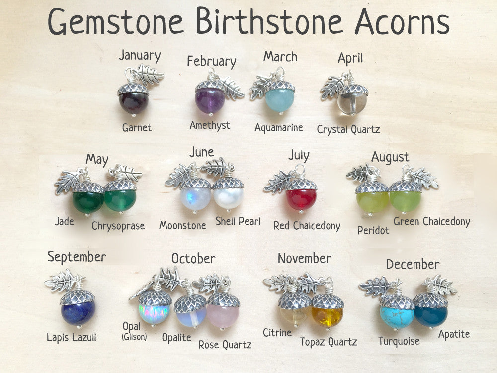 Birthstone Acorn Necklace- Your Choice of Month | Birthstone Jewelry | Gemstone Acorn Charm Necklace - Enchanted Leaves - Nature Jewelry - Unique Handmade Gifts