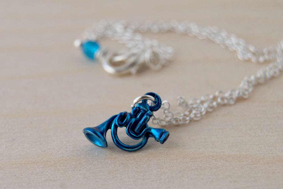 Blue French Horn Necklace | HIMYM Fan Jewelry | Music Charm Necklace - Enchanted Leaves - Nature Jewelry - Unique Handmade Gifts