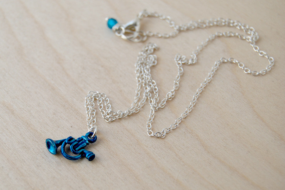 Blue French Horn Necklace | HIMYM Fan Jewelry | Music Charm Necklace - Enchanted Leaves - Nature Jewelry - Unique Handmade Gifts