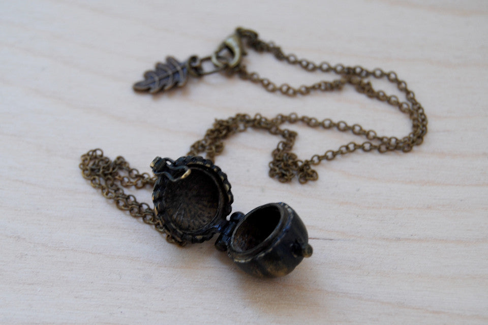 Brass Acorn Locket | Fall Acorn Necklace | Nature Jewelry | Woodland Acorn Locket - Enchanted Leaves - Nature Jewelry - Unique Handmade Gifts