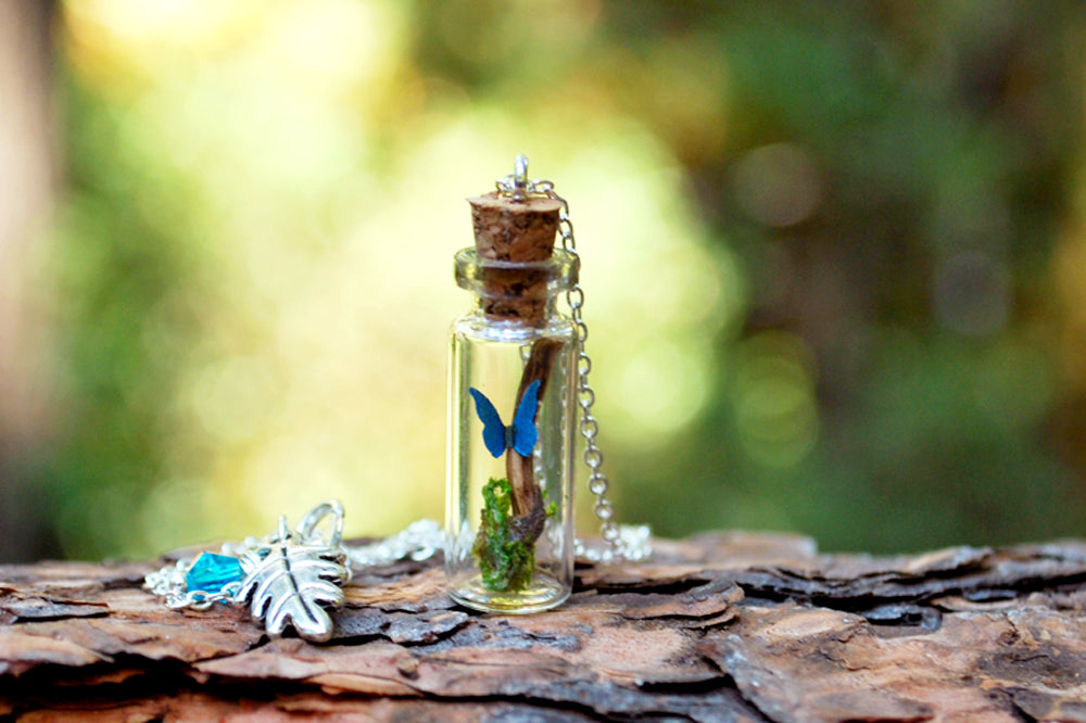 Butterfly Bottle Terrarium | Cute Mini Blue Morpho Butterfly Forest Necklace - Enchanted Leaves - Nature Jewelry - Unique Handmade Gifts