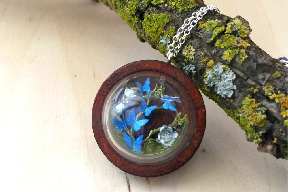 Butterfly Forest Terrarium Necklace | Blue Butterfly | Whimsical Butterfly Necklace - Enchanted Leaves - Nature Jewelry - Unique Handmade Gifts
