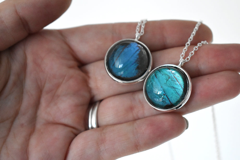 Real Blue Morpho Butterfly Wing Necklace | Glass Butterfly Pendant Necklace - Enchanted Leaves - Nature Jewelry - Unique Handmade Gifts