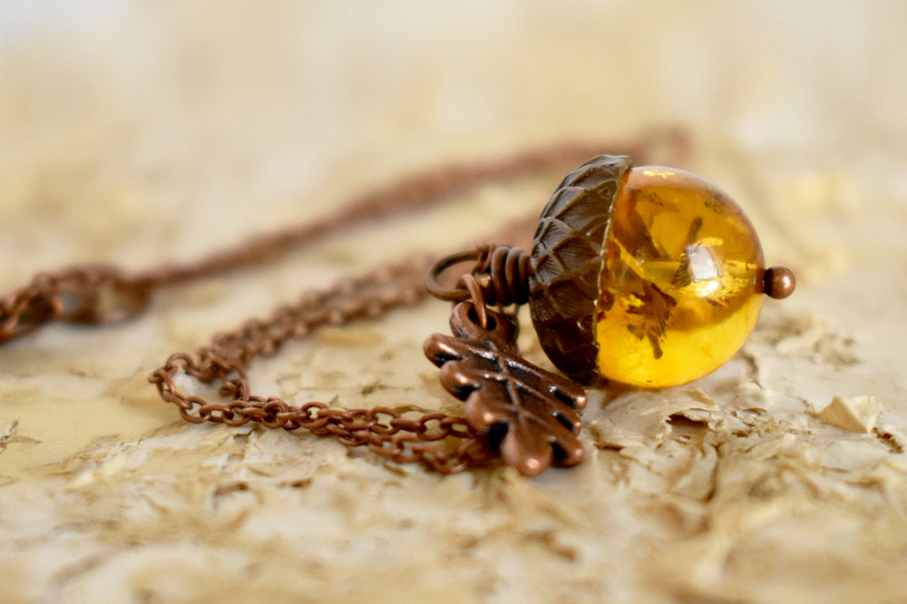 Baltic Amber and Copper Acorn Necklace | Real Amber Necklace | Nature Jewelry | Fall Amber Acorn - Enchanted Leaves - Nature Jewelry - Unique Handmade Gifts