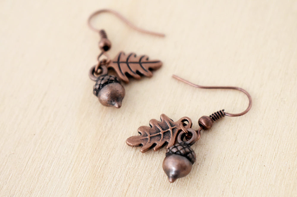 Copper Acorn Charm Earrings | Fall Acorn | Nature Jewelry | Woodland Acorn Earrings - Enchanted Leaves - Nature Jewelry - Unique Handmade Gifts