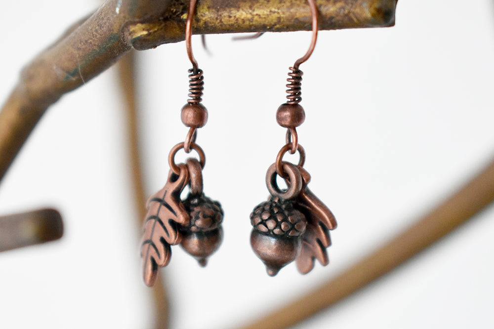 Copper Acorn Charm Earrings | Fall Acorn | Nature Jewelry | Woodland Acorn Earrings - Enchanted Leaves - Nature Jewelry - Unique Handmade Gifts
