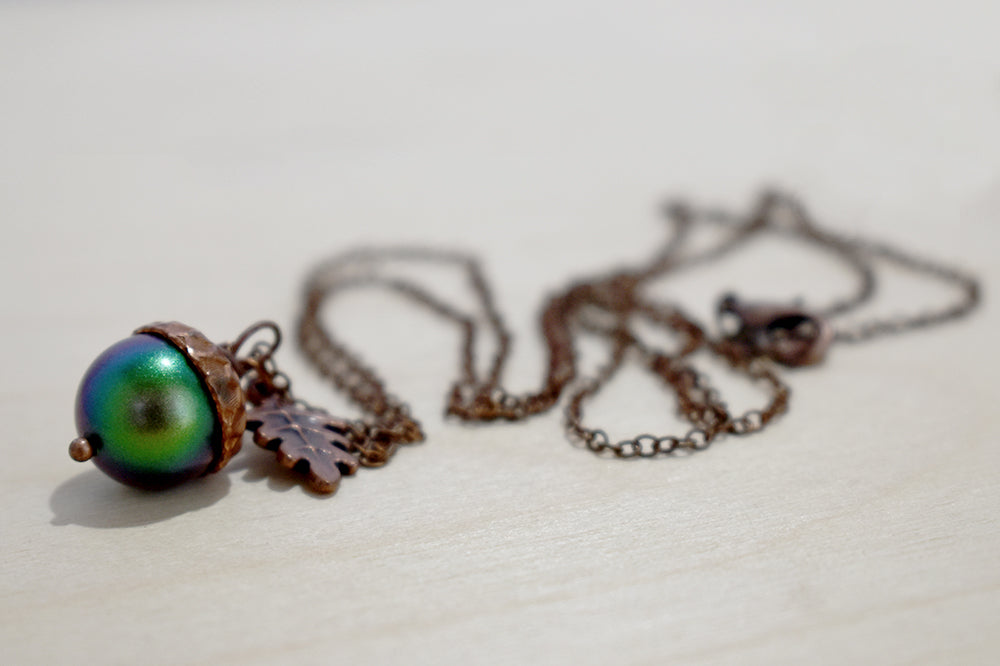 Copper Beetle Magic Acorn Necklace | Iridescent Rainbow Green Acorn Pendant | Forest Nature Jewelry - Enchanted Leaves - Nature Jewelry - Unique Handmade Gifts