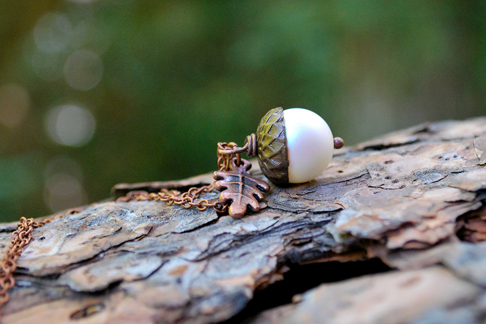Copper Faerie Magic Acorn Necklace | Iridescent White Acorn Pendant | Forest Acorn Nature Jewelry - Enchanted Leaves - Nature Jewelry - Unique Handmade Gifts