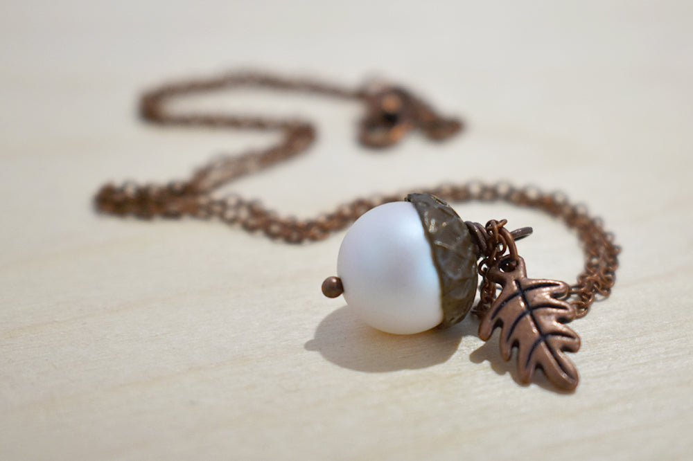 Copper Faerie Magic Acorn Necklace | Iridescent White Acorn Pendant | Forest Acorn Nature Jewelry - Enchanted Leaves - Nature Jewelry - Unique Handmade Gifts