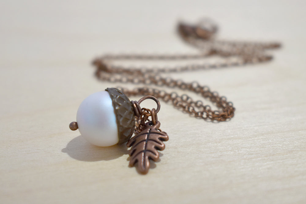 Copper Faerie Magic Acorn Necklace | Iridescent White Acorn Pendant | Forest Acorn Nature Jewelry - Enchanted Leaves - Nature Jewelry - Unique Handmade Gifts