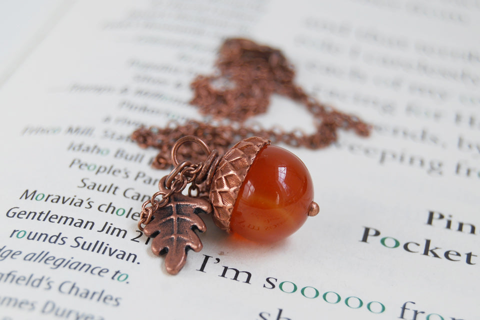 Carnelian and Copper Acorn Necklace | Gemstone Acorn Charm Necklace | Cute Autumn Necklace | Nature Jewelry - Enchanted Leaves - Nature Jewelry - Unique Handmade Gifts