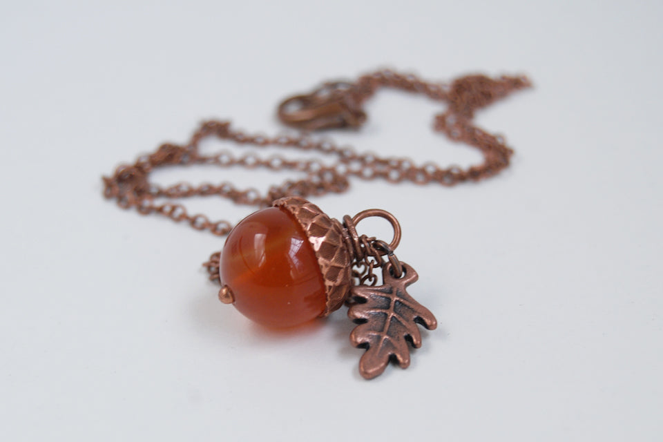 Carnelian and Copper Acorn Necklace | Gemstone Acorn Charm Necklace | Cute Autumn Necklace | Nature Jewelry - Enchanted Leaves - Nature Jewelry - Unique Handmade Gifts