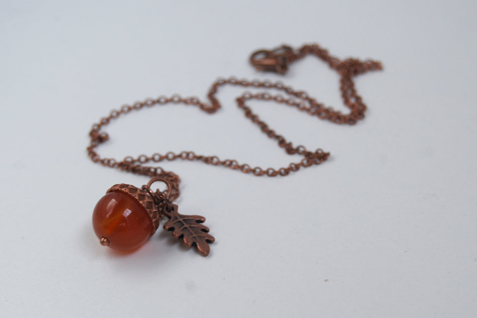 Carnelian and Copper Acorn Necklace | Gemstone Acorn Charm Necklace | Cute Autumn Necklace | Nature Jewelry - Enchanted Leaves - Nature Jewelry - Unique Handmade Gifts
