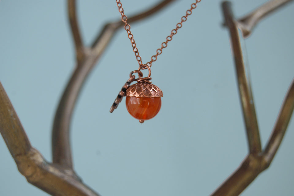 Carnelian and Copper Acorn Necklace | Gemstone Acorn Charm Necklace | Cute Autumn Necklace | Nature Jewelry - Enchanted Leaves - Nature Jewelry - Unique Handmade Gifts