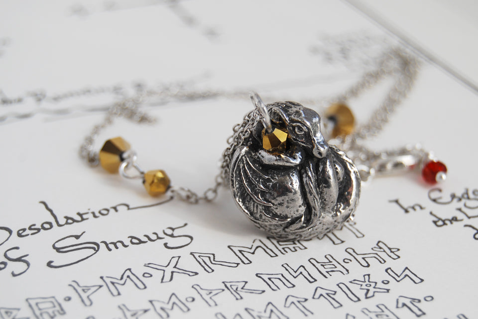 Smaug | Silver Dragon Pendant | The Hobbit Necklace - Enchanted Leaves - Nature Jewelry - Unique Handmade Gifts