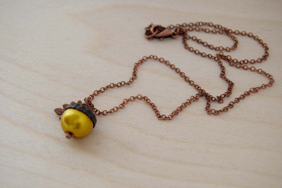 Copper & Golden Pearl Acorn Necklace | Fall Nature Jewelry | Woodland Gold Acorn Charm Necklace - Enchanted Leaves - Nature Jewelry - Unique Handmade Gifts