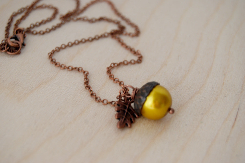 Copper & Golden Pearl Acorn Necklace | Fall Nature Jewelry | Woodland Gold Acorn Charm Necklace - Enchanted Leaves - Nature Jewelry - Unique Handmade Gifts