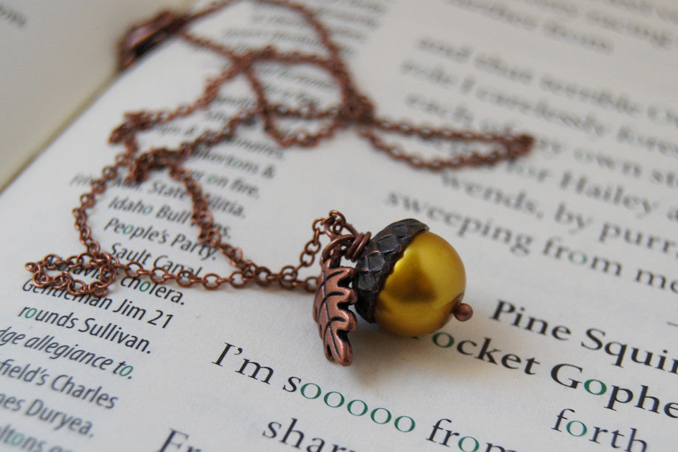 Copper & Golden Pearl Acorn Necklace | Fall Nature Jewelry | Woodland Gold Acorn Charm Necklace - Enchanted Leaves - Nature Jewelry - Unique Handmade Gifts
