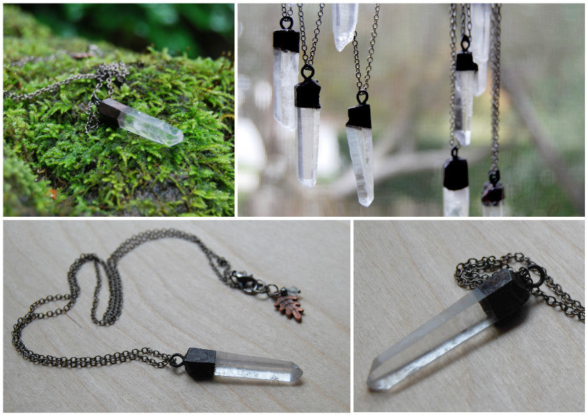Antiqued Crystal Quartz Necklace | Electroformed Pendant | Crystal Quartz Necklace - Enchanted Leaves - Nature Jewelry - Unique Handmade Gifts