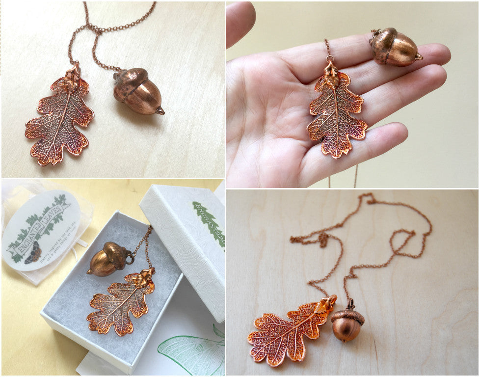 Real Acorn and Oak Leaf Lariat | Copper Electroformed Leaf & Acorn Necklace | Fall Nature Jewelry - Enchanted Leaves - Nature Jewelry - Unique Handmade Gifts