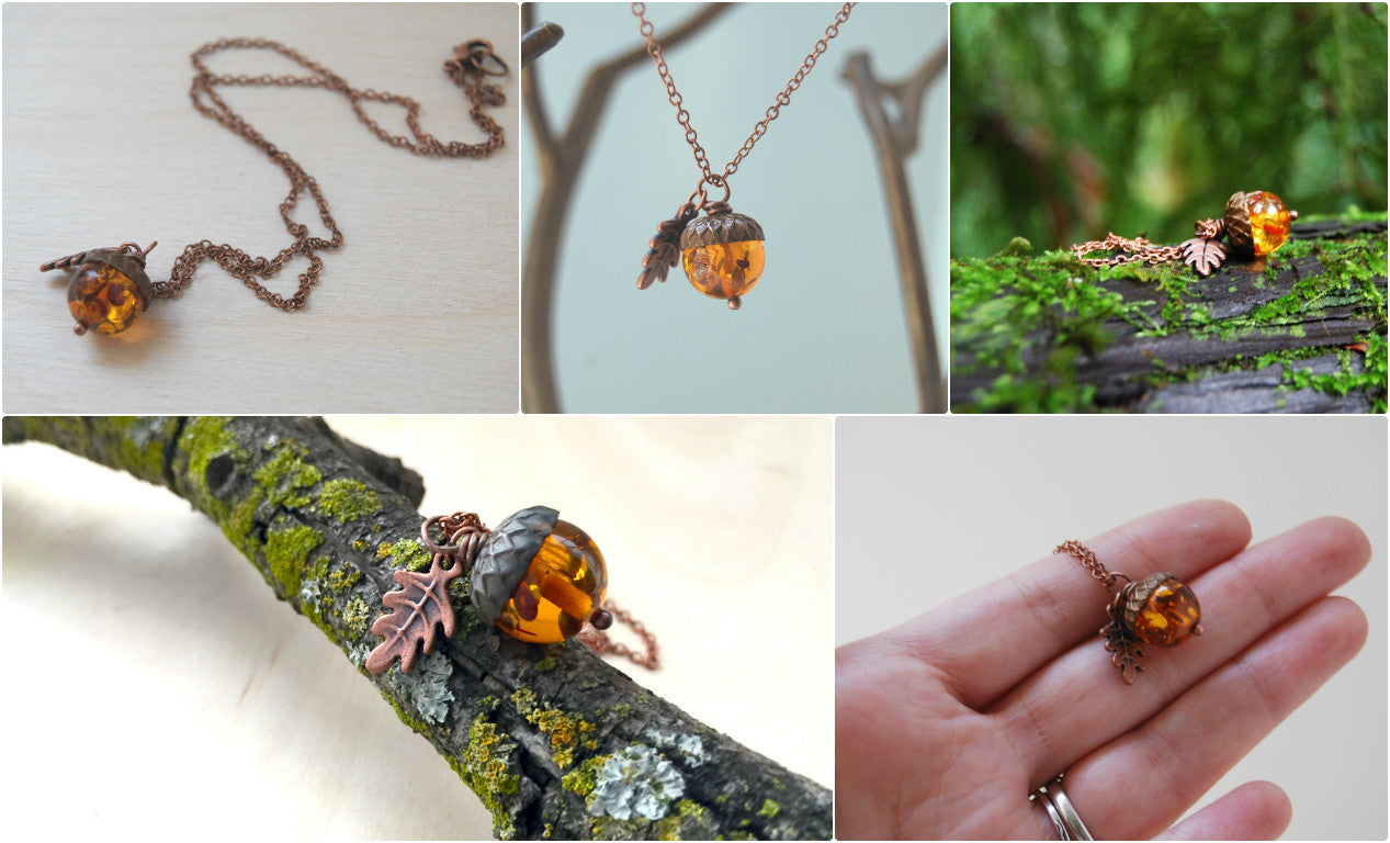 Amber and Copper Acorn Necklace | Nature Jewelry | Fall Acorn Charm Necklace - Enchanted Leaves - Nature Jewelry - Unique Handmade Gifts