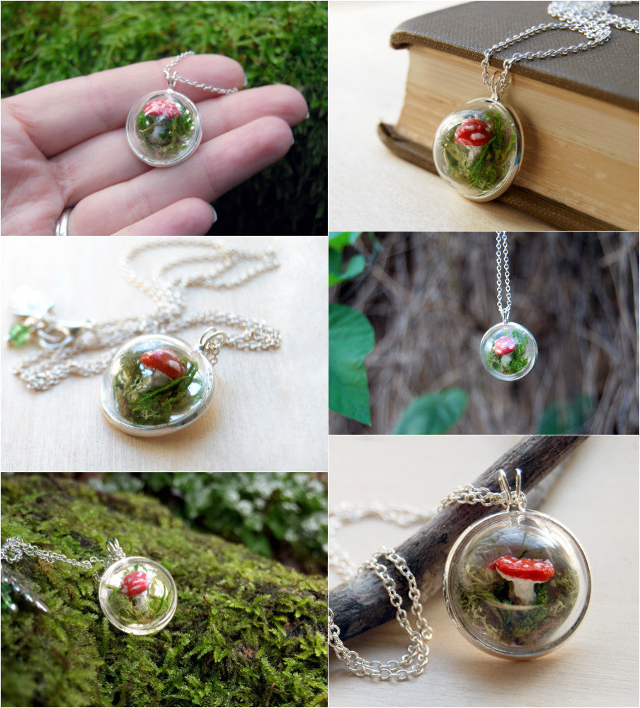 Small Mushroom Forest Terrarium Necklace | Toadstool Nature Necklace | Handmade Mushroom Jewelry - Enchanted Leaves - Nature Jewelry - Unique Handmade Gifts