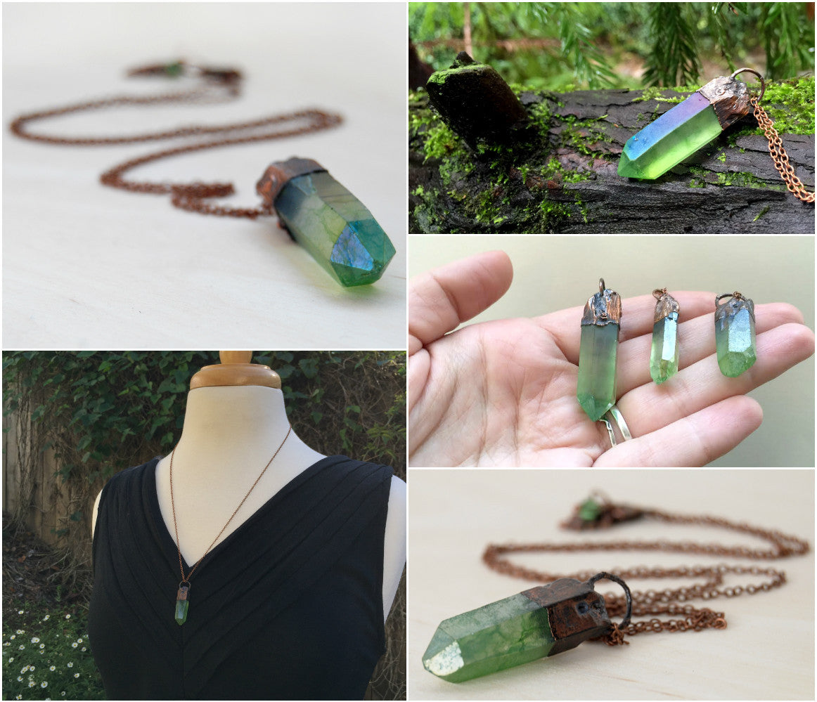 Green Forest Aura Crystal Necklace | Electroformed Crystal Necklace | Green Quartz Pendant - Enchanted Leaves - Nature Jewelry - Unique Handmade Gifts