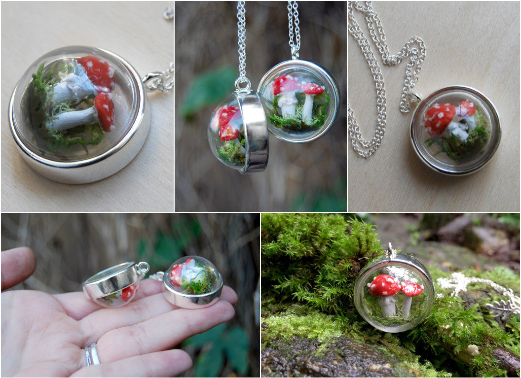 Mushroom Forest Terrarium Necklace | PRE-ORDER ONLY | Woodland Toadstool Jewelry - Enchanted Leaves - Nature Jewelry - Unique Handmade Gifts