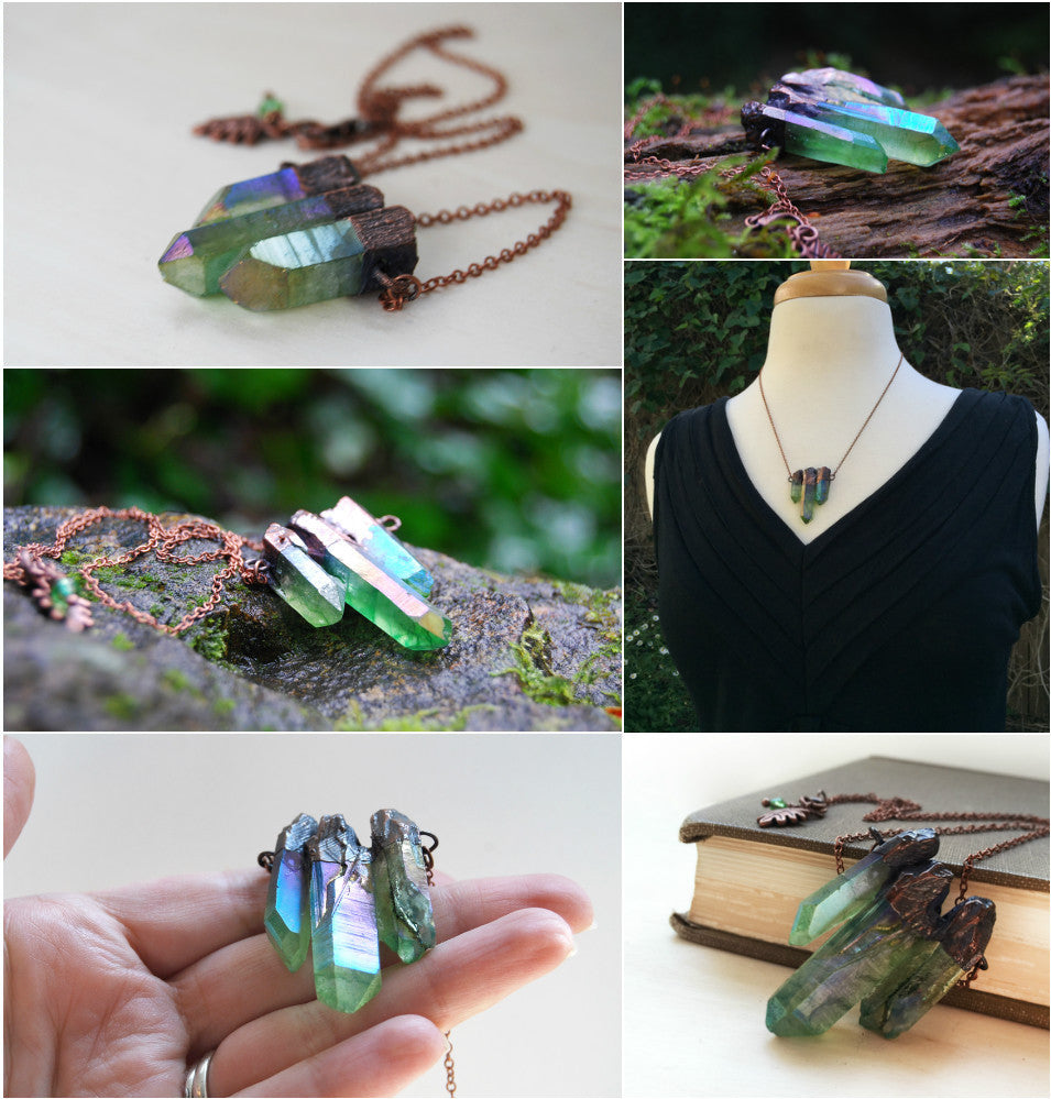 Green Forest Aura Crystal Trio Necklace | Electroformed Crystal Necklace | Green Quartz Pendant - Enchanted Leaves - Nature Jewelry - Unique Handmade Gifts