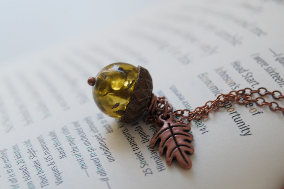 Copper & Green Amber Acorn Necklace | Fall Nature Jewelry | Woodland Gemstone Acorn Charm Necklace - Enchanted Leaves - Nature Jewelry - Unique Handmade Gifts