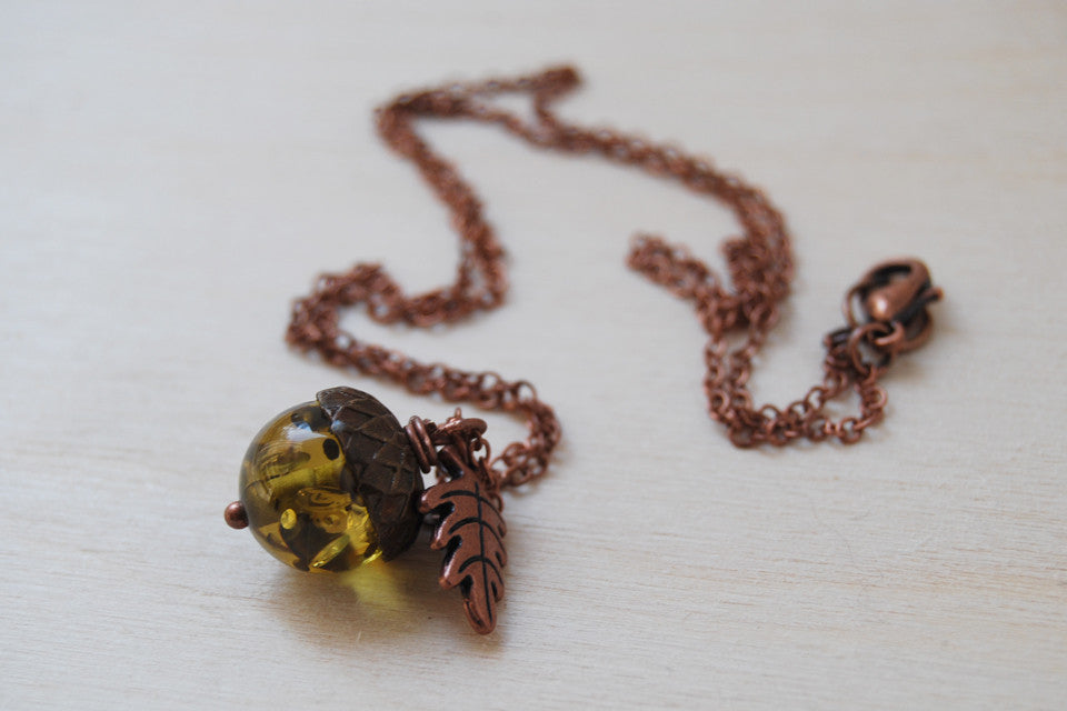 Copper & Green Amber Acorn Necklace | Fall Nature Jewelry | Woodland Gemstone Acorn Charm Necklace - Enchanted Leaves - Nature Jewelry - Unique Handmade Gifts