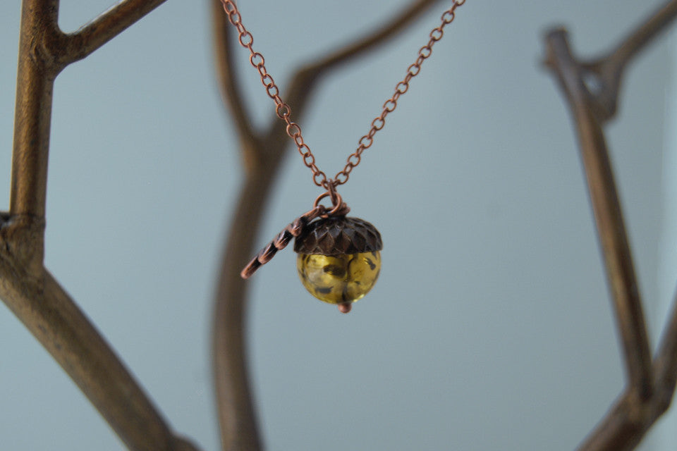Copper & Green Amber Acorn Necklace | Fall Nature Jewelry | Woodland Gemstone Acorn Charm Necklace - Enchanted Leaves - Nature Jewelry - Unique Handmade Gifts