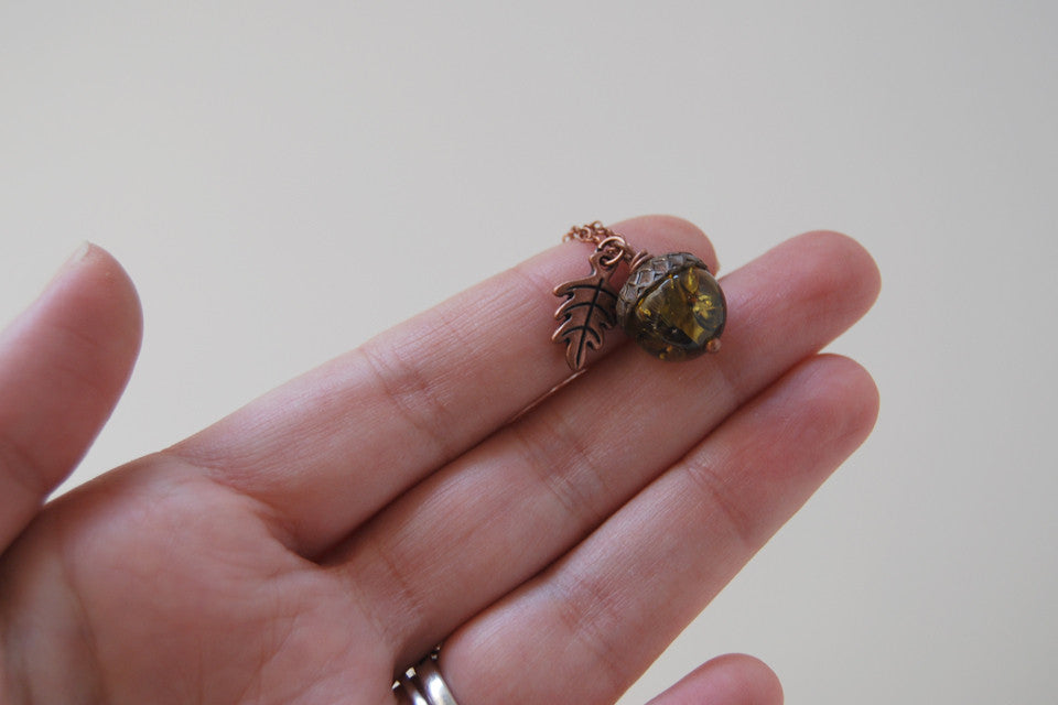Copper & Green Amber Acorn Necklace | Fall Nature Jewelry | Woodland Gemstone Acorn Charm Necklace - Enchanted Leaves - Nature Jewelry - Unique Handmade Gifts