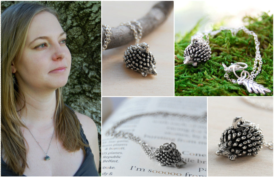 Teeny Tiny Hedgehog Necklace | Cute Silver Forest Hedgehog Charm Necklace | Hedgie Jewelry - Enchanted Leaves - Nature Jewelry - Unique Handmade Gifts