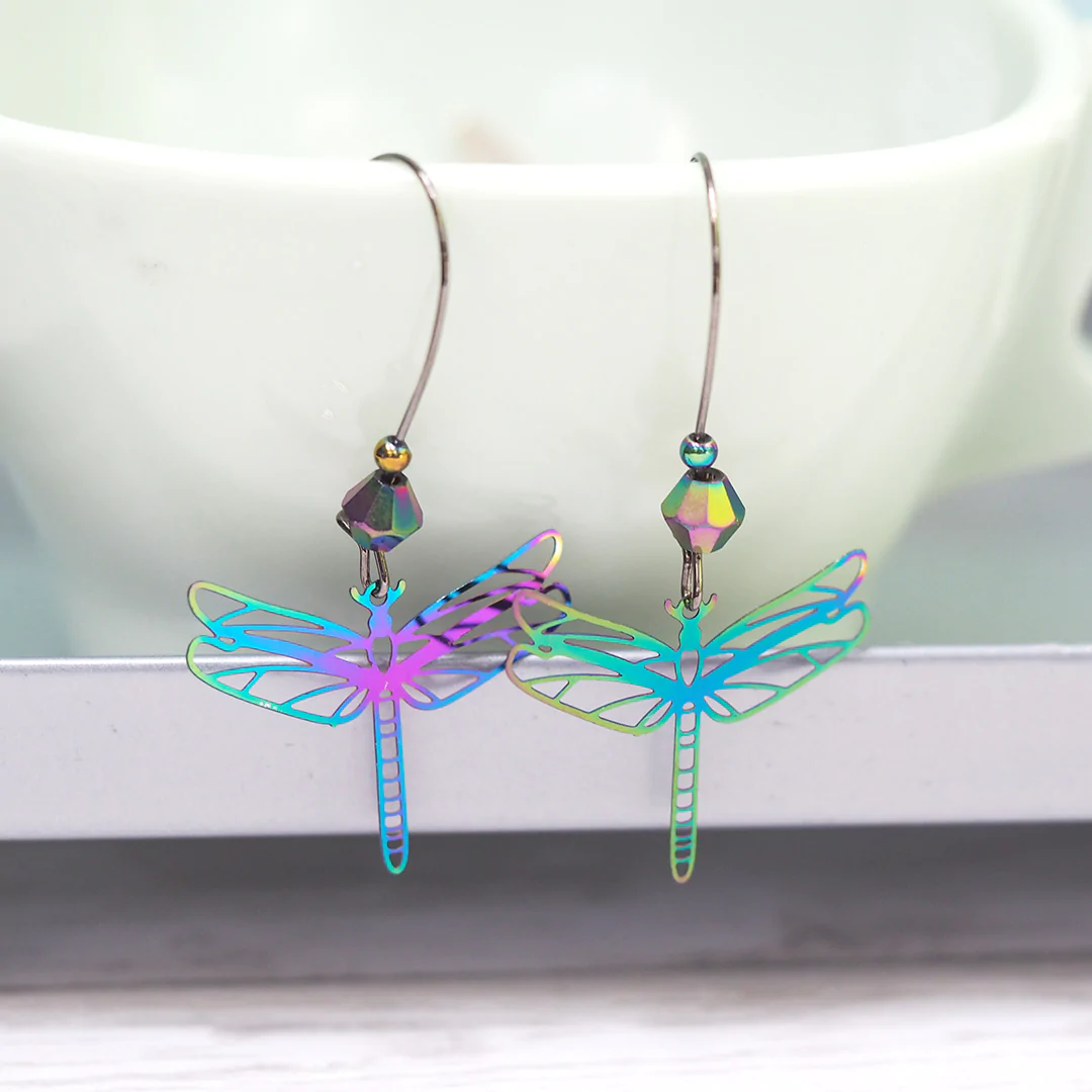 Damselfly Earrings | Iridescent Rainbow Damselfly Dragonfly Charm Earrings | Forest Jewelry